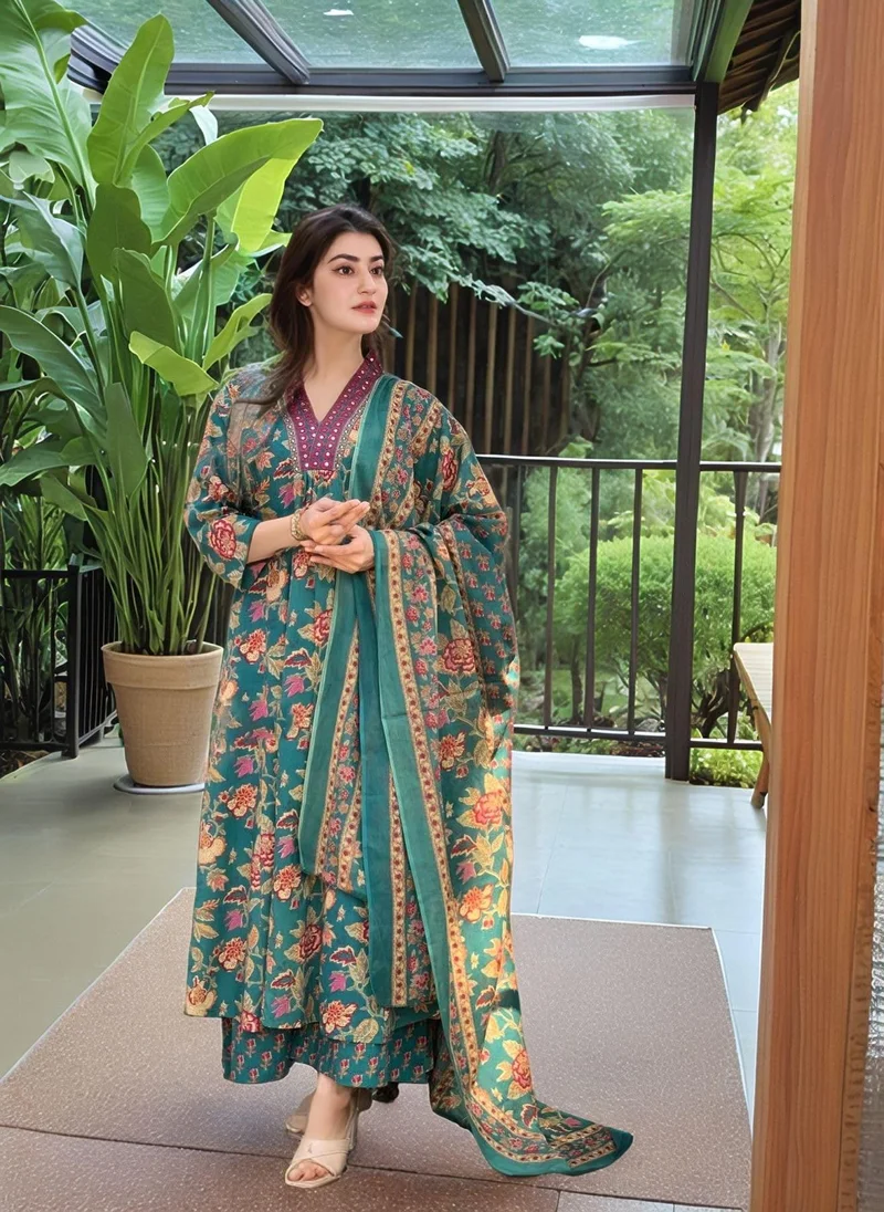 جو سريكي كورتا مطبوعة من رايون لزجة أناركالي من GoSriKi مع قصر ودوباتا (CIA GREEN-VKS02-GS_S_Green_Small)